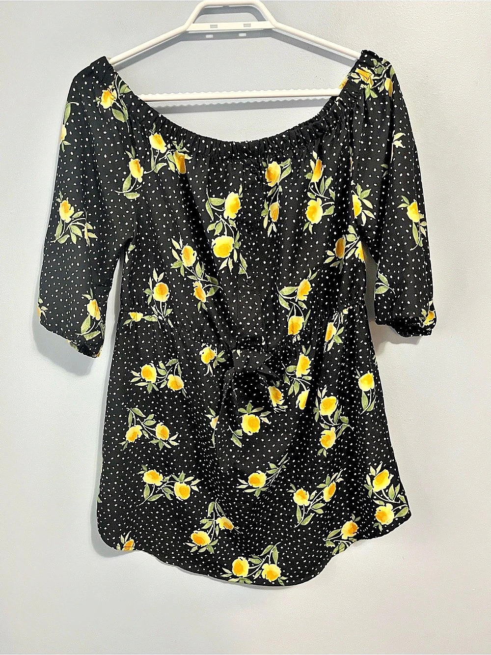 Urban Heritage Black & Yellow Floral Polka Dot Off-Shoulder Mini Dress Size S